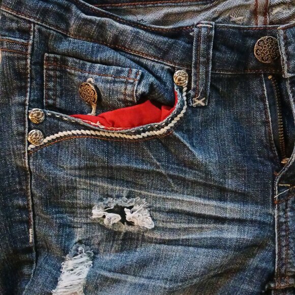 Women’s Doll House Shorts Denim Blue Rock Steampunk Studded Embroidered Thrashed - Picture 5 of 8